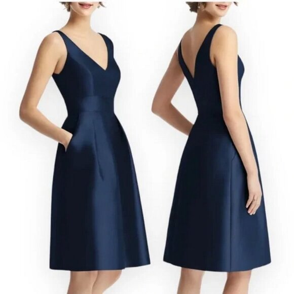 Alfred Sung Midnight Blue V-Neck Satin Cocktail Dress Size 16D768